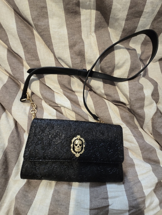 Betsey Johnson Handbags - Betsey Johnson Black Embossed Crossbody Bag with Gold Skull Medallion